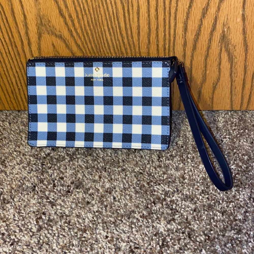 NWOT Kate Spade white and blue wristlet.
